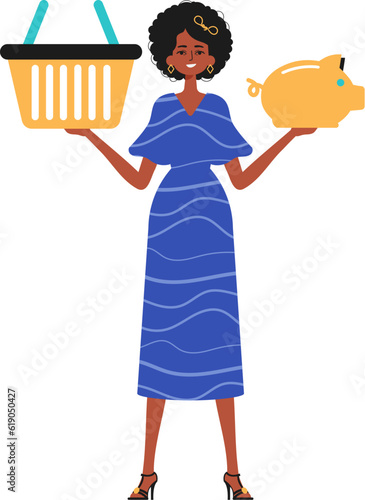 The girlfriend holds a hoggish depository fiscal trigger and a denounce basket in his hand. Trendy style, Vector Illustration