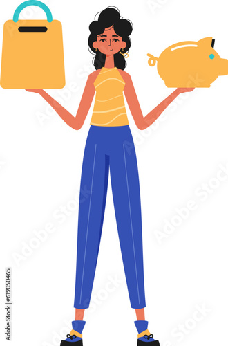 The girlfriend holds a hoggish depository fiscal trip and a denounce basket in his hand. Trendy style, Vector Illustration