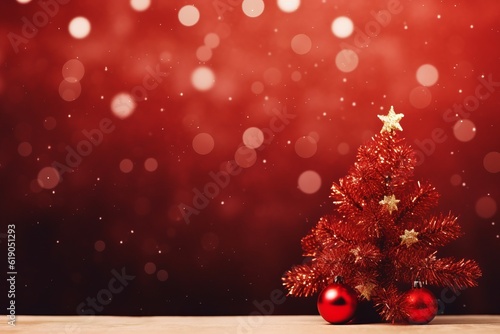 Christmas Splendor Xmas Tree and Bokeh Lights on Red Canvas Background AI Generated