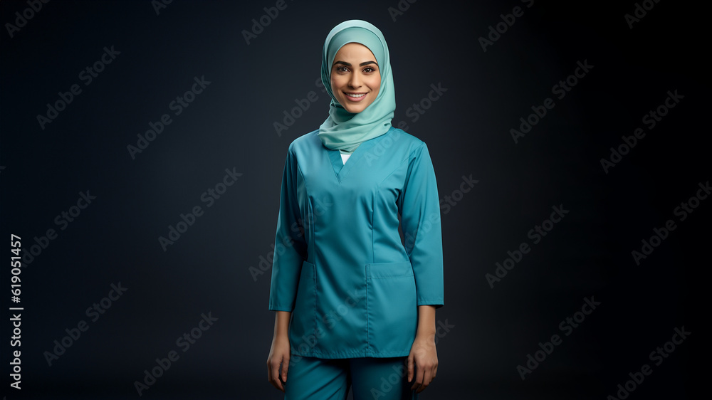 Moderne Muslimische Ärztin mit Kopfbedeckung Hajib Porträt Nahaufnahme Oberkörper mit hübschem Gesicht, ai generativ