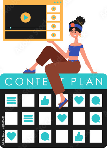 The girlfriend sits on the message invention and holds a windowpane with a television receiver commemorate . able invention publish. Trendy style, Vector Illustration