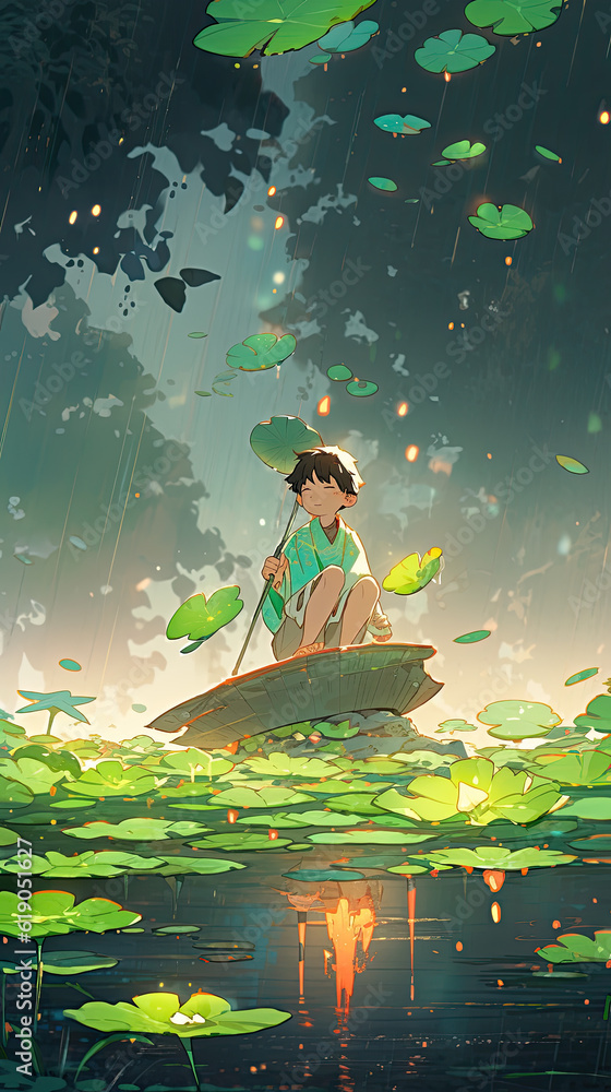 Little boy is sitting in a small boat, rowing in the lake with many lotus leaves on it. Concept of hot summer. Created with Generative AI technology. 
