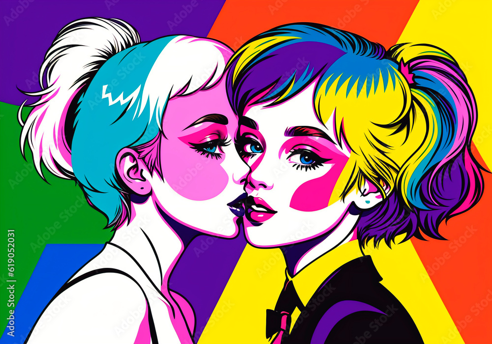 Pop art, lesbian girls loving each other. The concept of LGBT. Generative AI. Pop art, lesbian girls loving each other. The concept of LGBT. Generative AI.