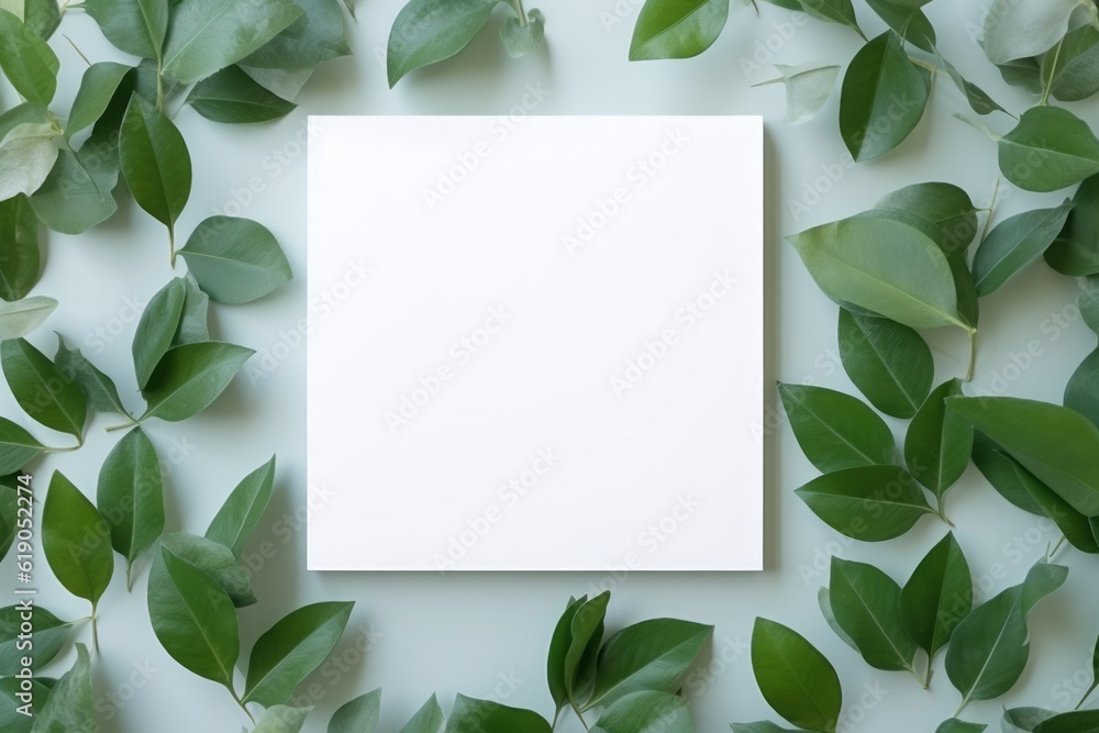 Natural Elegance Green Leaves and White Square Frame Creative Layout for Advertising Card or Invitation AI Generated