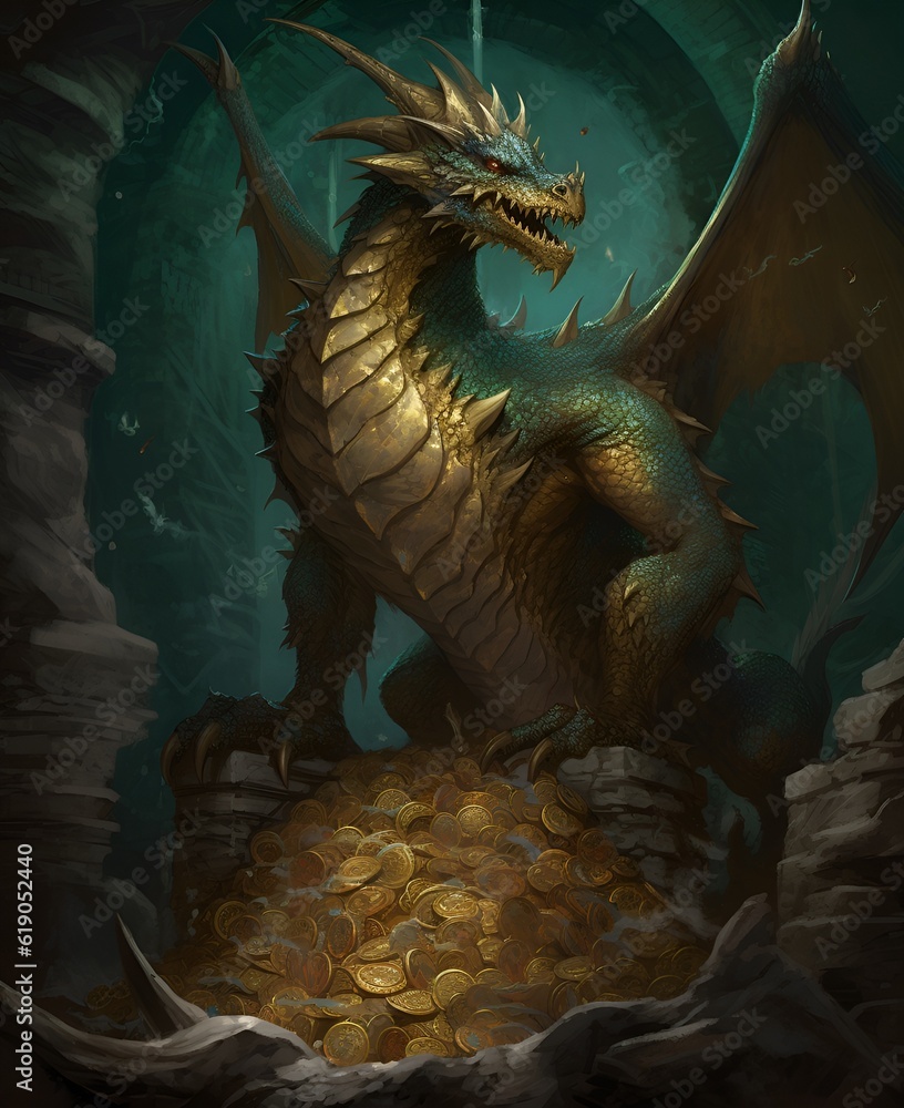 Fafnir the dragon, towering and fearsome, standing guard over his ...
