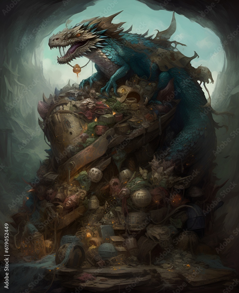 Fafnir the dragon, towering and fearsome, standing guard over his hoarded treasure. Fafnir the dragon, towering and fearsome, standing guard over his hoarded treasure.
