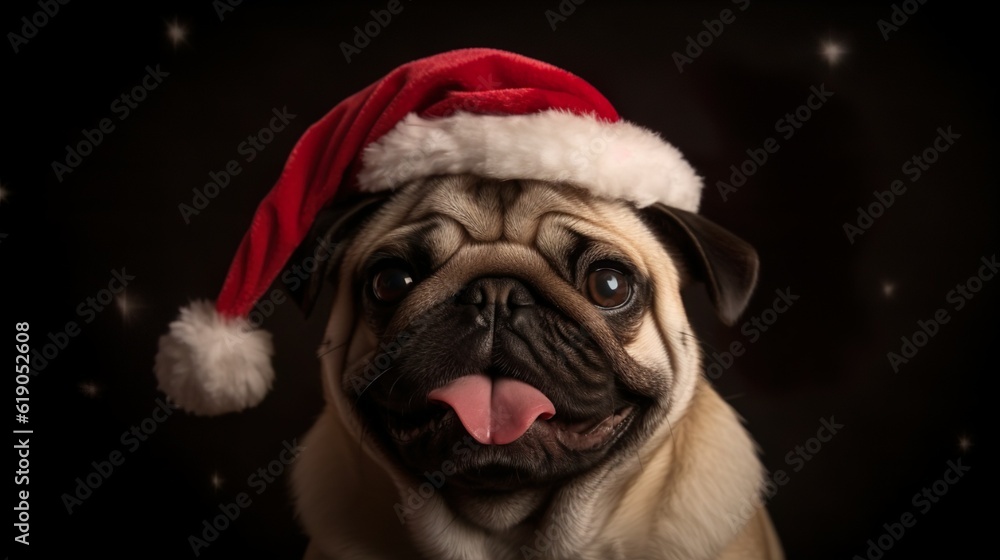 Pug dog wearing Santa's hat. Christmas time concept. Generative Ai technology.