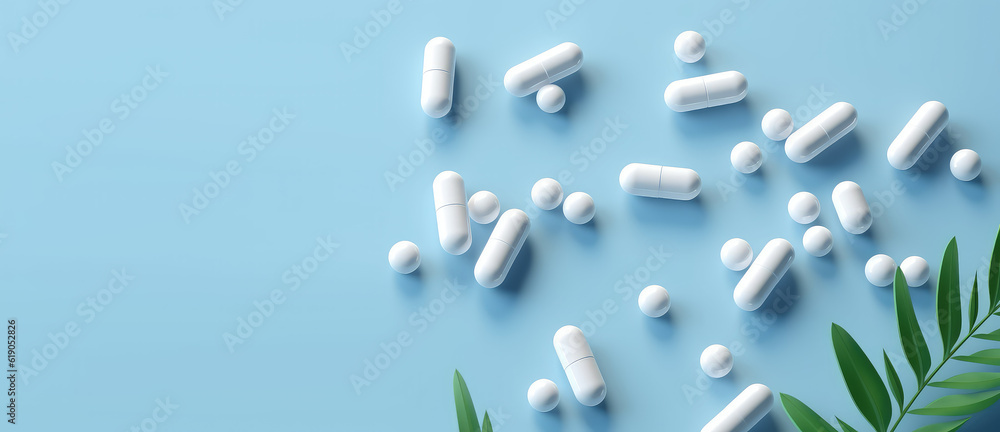 White capsules with green leaves isolated on light blue flat background with copy space, banner template. Creative concept of natural dietary supplements, ecological vitamins. Generative AI. White capsules with green leaves isolated on light blue flat background with copy space, banner template. Creative concept of natural dietary supplements, ecological vitamins. Generative AI.