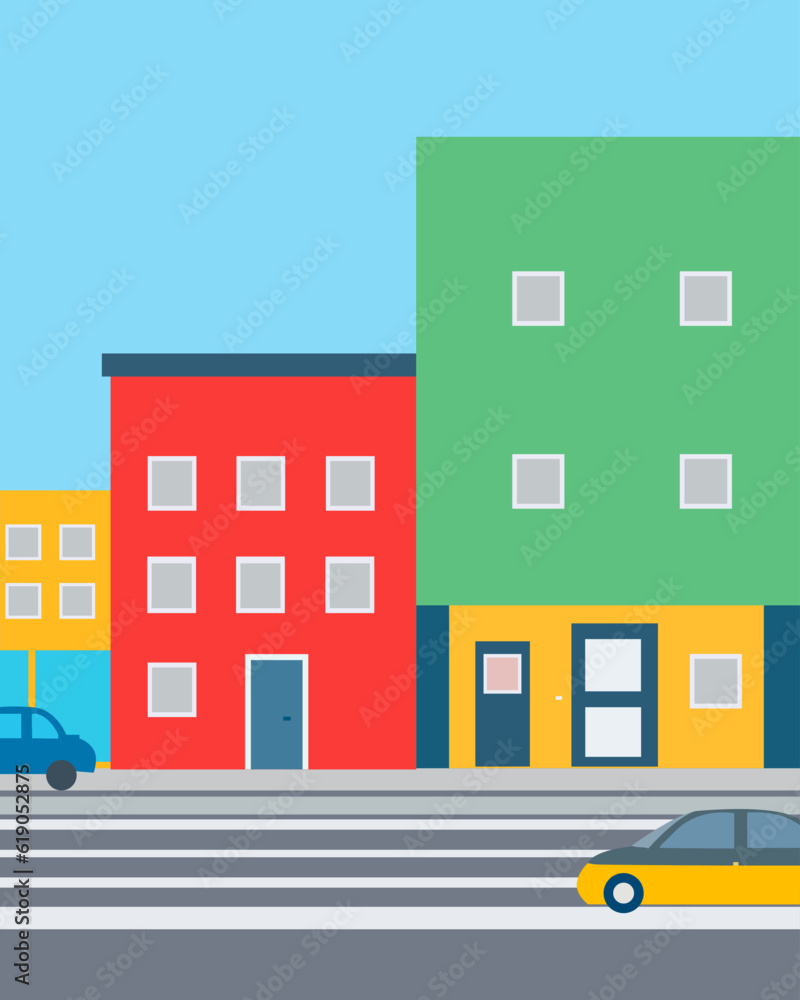 
simple color vector illustration depicting a city street with traffic, for prints on banners, signs and stage decoration