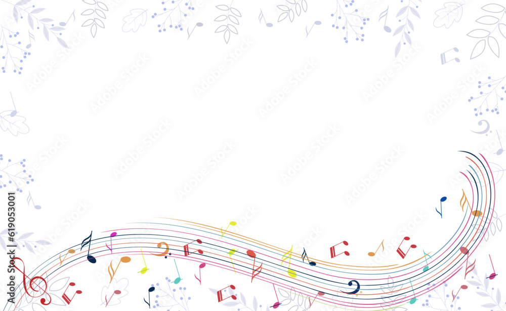 Music Design. Musical wave and scattered notes on a background with leaves. For concerts, music, presentations, certificates. Music Design. Musical wave and scattered notes on a background with leaves. For concerts, music, presentations, certificates.