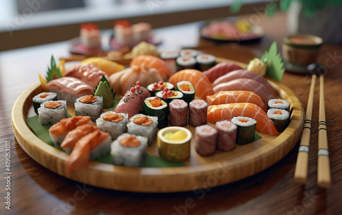 The restaurant table is adorned with a platter of delectable sushi, a type of Japanese cuisine.