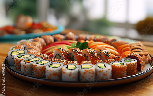 A dish of delicious sushi, a type of Japanese cuisine, is set out on a table in a restaurant.