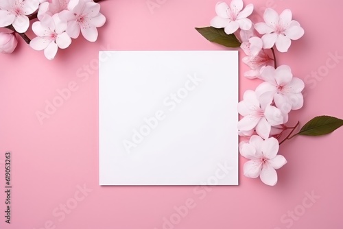 Blooms Pink Flower and White Square Frame Creative Layout for Advertising Card or Invitation AI Generated © ParinApril