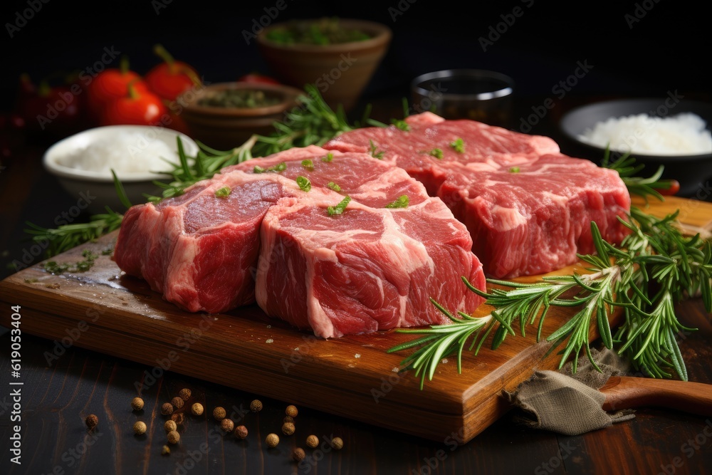 Raw meat, veal ossobuco, on a wooden cutting board. Generative AI