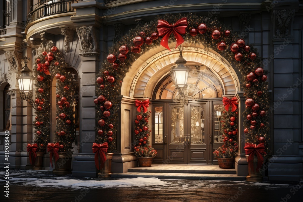 Modern christmas decor in city street. Generative AI Modern christmas decor in city street. Generative AI