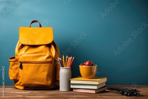 School yellow backpack on a blue background. Generative AI