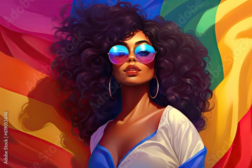 Black woman wearing sunglasses on LGBTQ flag background for Pride Month © AnyPic289