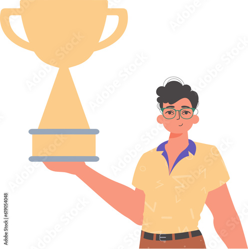 The derision holds the achiever 's cup in his template. Trendy style, Vector Illustration