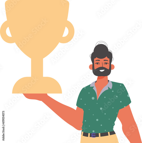 The derision holds the achiever 's cup in his template. Trendy style, Vector Illustration