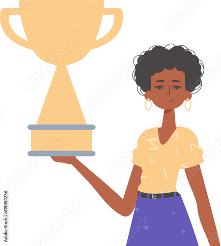 The girlfriend holds the achiever 's cup in his handwrite. Trendy style, Vector Illustration
