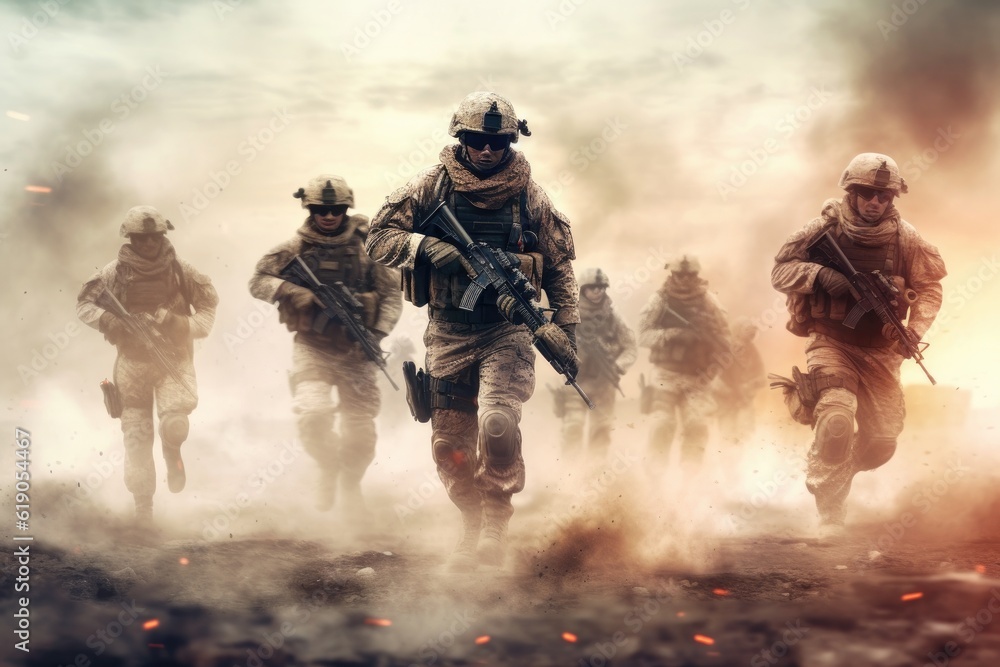 Soldiers and explosions on the battlefield, Generative AI Soldiers and explosions on the battlefield, Generative AI