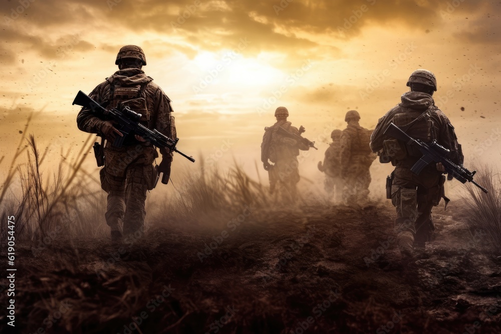 Soldiers and explosions on the battlefield, Generative AI Soldiers and explosions on the battlefield, Generative AI