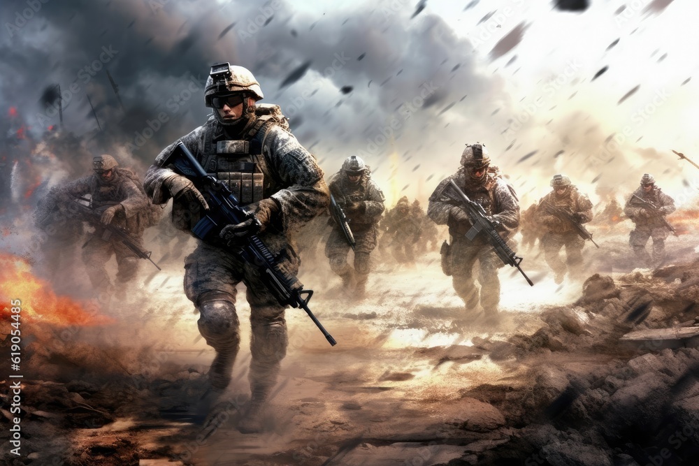 Soldiers and explosions on the battlefield, Generative AI Soldiers and explosions on the battlefield, Generative AI