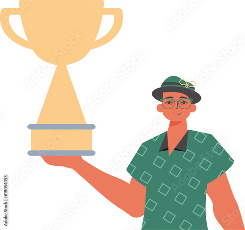 The girlfriend holds the achiever 's cup in his handwrite. Trendy style, Vector Illustration