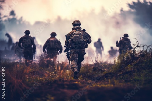 Soldiers and explosions on the battlefield, Generative AI © tonstock