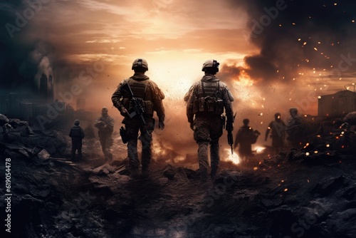 Wallpaper Mural Soldiers and explosions on the battlefield, Generative AI Torontodigital.ca