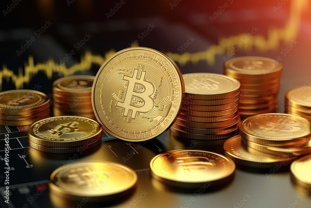 Bitcoin gold coin and market chart. cryptocurrency concept, Generative AI Bitcoin gold coin and market chart. cryptocurrency concept, Generative AI