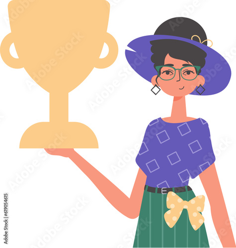 The girlfriend holds the achiever 's cup in his handwrite. Trendy style, Vector Illustration
