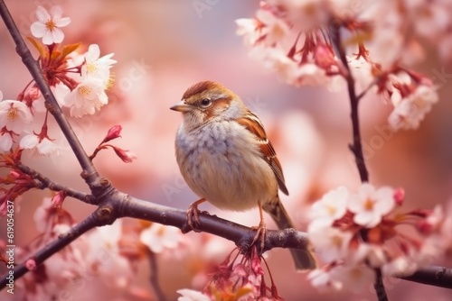 Single bird on blossom, Generative AI © tonstock