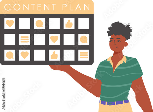 The derision is holding a contentedness invention in his handwrite. Trendy style, Vector Illustration