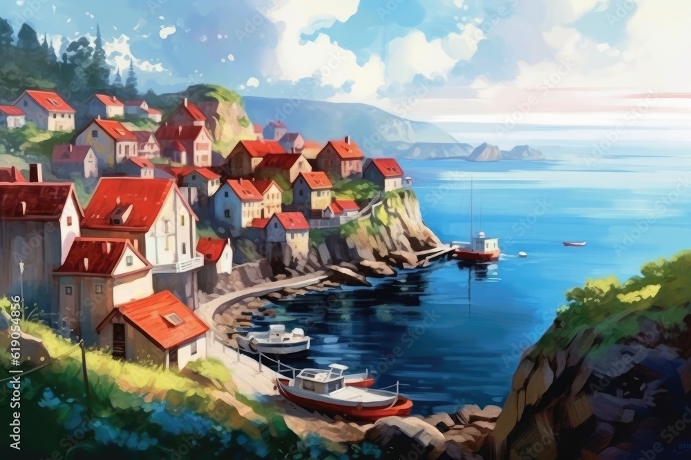 Fototapeta premium illustration of small coastal village in the Italian , european , Generative AI