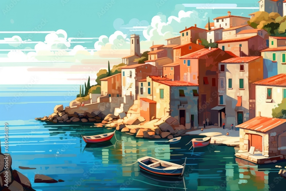 illustration of small coastal village in the Italian , european , Generative AI