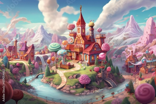 A fairytale candy castle town, Generative AI