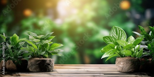 Wooden Platform Landscape with Green Plants Bokeh Panorama Background. Nature Outdoors, Trees, Wood and Blurred Copy Space © Thares2020