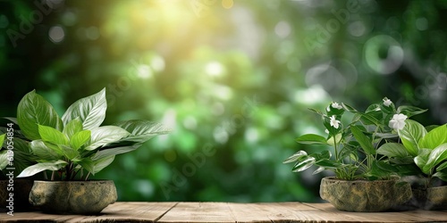 Wooden Platform Landscape with Green Plants Bokeh Panorama Background. Nature Outdoors  Trees  Wood and Blurred Copy Space
