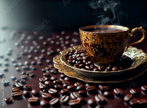 Coffee cup with hot coffee and coffee beans, over victorian atmosphere, bohemian mood, photo style selective focus.