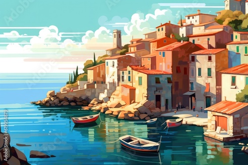 illustration of small coastal village in the Italian , european , Generative AI © tonstock