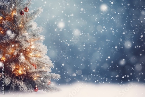 Christmas winter background with snow blurred bokeh Merry happy new year greeting card with copy space  AI Generated © ParinApril