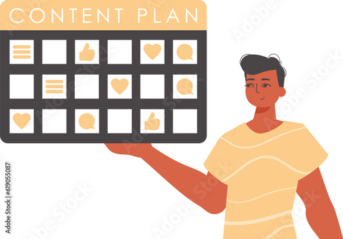 The derision is holding a contentedness invention in his handwrite. Trendy style, Vector Illustration