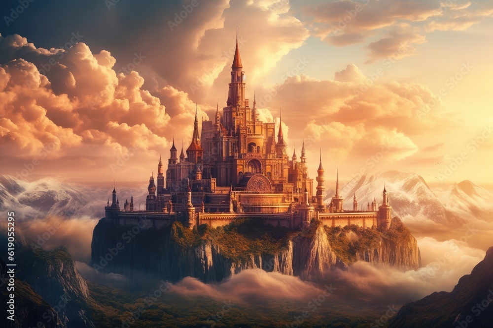 Naklejka premium Illustration of fantasy art, fantasy world and castle , Generative AI