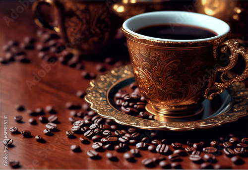 Coffee cup with hot coffee and coffee beans  over victorian atmosphere  bohemian mood  photo style selective focus.