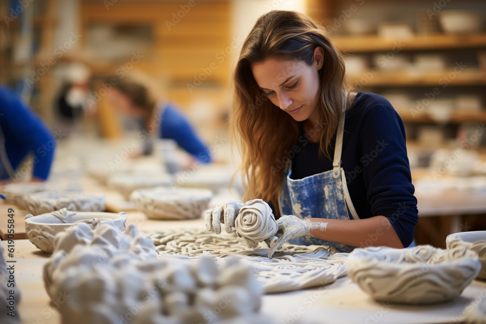 Fototapeta premium the different stages of ceramic creation, from raw clay to sculpted forms to finished glazed pieces, providing a glimpse into the transformative journey that takes place during a c Generative AI