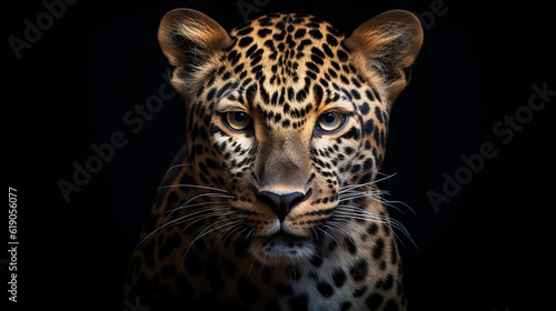 Jaguar face on black background. Generative Ai