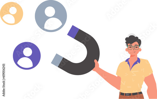 The Guy holds a attract chat up in his steep , which attracts consider. Trendy style, Vector Illustration