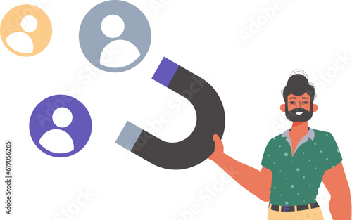 The Guy holds a attract chat up in his steep , which attracts consider. Trendy style, Vector Illustration