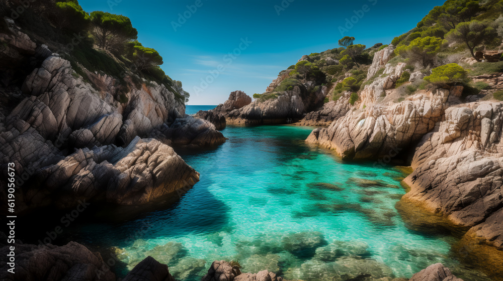 Indulge in the allure of Menorca's breathtaking beauty as we capture the crystal-clear turquoise waters and pristine sandy beaches in a photograph of a secluded cove basking in the sun.